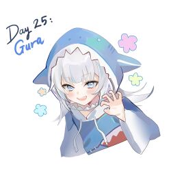  1girl airheadmei animal_costume blue_eyes blue_jacket blue_nails blunt_bangs blush copyright_request english_text flower gawr_gura highres hololive hood jacket long_hair long_sleeves nail_polish open_mouth pale_skin shark_costume sharp_teeth sketch teeth upper_body white_background white_hair 