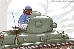 1girl andou_(girls_und_panzer) bad_source bc_freedom_military_uniform blue_shirt dark-skinned_female dark_skin from_side girls_und_panzer hat kepi messy_hair military_hat military_vehicle miniskirt monkey_ears monkey_girl motor_vehicle on_tank pleated_skirt shirt skirt snow snow_on_tree solo tank tree vovenart white_skirt