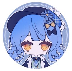  1girl bird_hat_ornament blue_hair blue_necktie border bow bow_flower braid braided_hair_rings capelet chibi chibi_only copyright_notice deerstalker hair_bow hair_ornament hair_rings hat highres long_hair looking_at_viewer mahou_shoujo_no_majo_saiban necktie no_mouth official_art profile_picture round_border solo tachibana_sherry yellow_eyes 