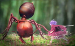  1girl ant bug commentary_request facing_away fighting full_body grass holding holding_needle japanese_clothes kimono looking_at_animal mini_person minigirl needle obi outdoors purple_hair red_kimono sash short_hair solo standing sukuna_shinmyoumaru tono_d touhou 