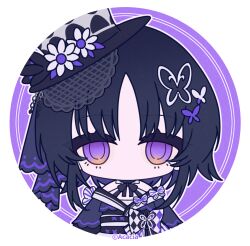  1girl bare_shoulders black_hair black_hat black_kimono border butterfly_hair_ornament chibi chibi_only copyright_notice dress flower hair_ornament hat hat_flower highres housho_margo japanese_clothes kimono lolita_fashion long_sleeves looking_at_viewer mahou_shoujo_no_majo_saiban neck_ribbon no_mouth official_art profile_picture ribbon round_border short_hair solo top_hat violet_eyes wa_lolita 
