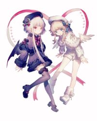  2girls angel_wings arcaea bat_wings beret black_hat black_thighhighs blonde_hair blue_eyes cape capelet closed_mouth commentary diamond_(shape) diamond_facial_mark dress eto_(arcaea) eto_(winter)_(arcaea) facial_mark full_body fur-trimmed_capelet fur-trimmed_dress fur-trimmed_shoes fur-trimmed_shorts fur-trimmed_skirt fur-trimmed_sleeves fur-trimmed_thighhighs fur_trim hat heart highres klooxm33 long_sidelocks long_sleeves luna_(arcaea) luna_(winter)_(arcaea) multiple_girls pink_eyes purple_cape purple_dress shirt shoes shorts sidelocks simple_background skirt smile thigh-highs white_background white_capelet white_hair white_hat white_shirt white_shoes white_shorts wings 