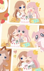  2girls absurdres bang_dream! bang_dream!_it's_mygo!!!!! birthday_cake blue_eyes cake chihaya_anon closed_eyes commentary fang food grey_eyes highres hug jewelry kino_(kino01xyz) kiss kissing_cheek long_hair multiple_girls nagasaki_soyo necklace one_eye_closed photo_(object) pink_hair shirt white_shirt yuri 