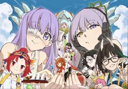  6+girls ahoge antenna_hair baseball_cap beni-enma beni-enma_(swimsuit_berserker)_(first_ascension) biscione_(fate) biscione_(swimsuit_caster)_(first_ascension)_(fate) black_hair braid clouds commentary_request crepe cup curry dragon_horns drinking_glass eyepatch fate/grand_order fate_(series) fingernails food fujimaru_ritsuka_(female) fujimaru_ritsuka_(female)_(tropical_summer) giant giantess glasses grey_hair habetrot_(fate) habetrot_(shisa_kigurumi_hoodie)_(fate) habetrot_(swimsuit_pretender)_(fate) hair_bun hat headphones heterochromia highres holding holding_crepe holding_food holding_spoon holding_tray horns kadowaki_satoshi kingprotea_(fate) kingprotea_(swimsuit_mooncancer)_(first_ascension)_(fate) kingprotea_alter_(fate) kingprotea_alter_(swimsuit_avenger)_(first_ascension)_(fate) lilith_(fate) lilith_(swimsuit_rider)_(first_ascension)_(fate) manga_(object) mash_kyrielight mash_kyrielight_(swimsuit_of_perpetual_summer_ver.03) medical_eyepatch multiple_girls olga_marie_animusphere olga_marie_animusphere_(unbeast) onigiri ono_no_komachi_(fate) ono_no_komachi_(swimsuit_archer)_(fate) ono_no_komachi_(swimsuit_archer)_(first_ascension)_(fate) orange_hair pink_hair pointy_ears ponytail purple_hair red_eyes red_hair short_twintails smile spoon sunglasses tray twintails v violet_eyes visor_cap white_hair yellow_eyes 