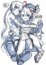  2girls @_@ absurdres apple armpit_crease bare_shoulders bell_sleeves boots braid breasts capelet commentary crazy_eyes crazy_smile crossed_legs crown_braid deathpolca demons_roots demons_roots_(series) detached_sleeves fan_request fingerless_gloves food fruit gloves hair_ornament hand_on_another's_shoulder hand_on_another's_waist highres holding holding_food holding_fruit holding_knife holding_weapon implied_yuri knife large_breasts lily_killer long_hair looking_at_viewer monochrome multiple_girls nitamago_(user_prff7342) partially_colored ponytail sandals side_ponytail sitting sitting_on_lap sitting_on_person sketch small_breasts smile smirk thigh-highs translation_request twintails very_long_hair weapon 