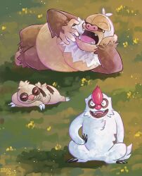  artist_name brown_fur claws closed_eyes commentary english_commentary evolutionary_line grass highres imazartz pokemon pokemon_(creature) slaking slakoth vigoroth white_fur yawning 