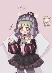  >_< ? ?? @_@ animal_ears blush clarissa_toothedge commentary_request detached_sleeves frilled_hat frilled_skirt frills green_eyes hat highres magical_girl mahou_shoujo_ikusei_keikaku mahou_shoujo_ikusei_keikaku_breakdown multicolored_hair open_mouth puffy_sleeves purple_background short_hair skirt translation_request v8y_vkaname violet_eyes zipstep 