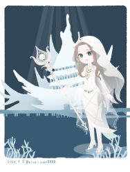  1girl 2026 aerith_gainsborough aerith_gainsborough_(ancient_festival_garb) bluelimbo8888 boots border brown_hair chibi chibi_only coral dated dress final_fantasy final_fantasy_vii final_fantasy_vii:_ever_crisis green_eyes highres holding holding_staff light_smile long_dress long_hair official_alternate_costume parted_bangs solo staff standing twitter_username veil white_boots white_border white_dress white_veil 