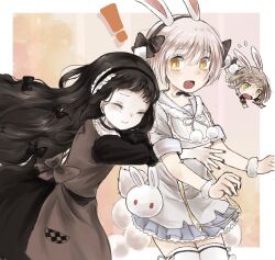  ! 3girls animal_ears black_bow black_hair black_hairband bow closed_eyes closed_mouth commentary_request fake_animal_ears gamo_tako grey_hair hairband hardgore_alice highres hug la_pucelle_(mahoiku) long_hair magical_girl mahou_shoujo_ikusei_keikaku mahou_shoujo_ikusei_keikaku_unmarked multiple_girls open_mouth panicking pink_hair short_hair snow_white_(mahoiku) surprised thigh-highs white_thighhighs yellow_eyes 