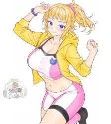  1girl bike_shorts blue_eyes blush breasts brown_hair captain_gundam commentary_request gundam gundam_build_fighters gundam_build_fighters_try highres hoshino_fumina jacket large_breasts looking_at_viewer mecha midriff navel ponytail robot scrunchie sd_gundam_force shizuna_(euorobib1059) simple_background smile sports_bra two-tone_sports_bra v-fin 