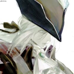  1girl aqua_eyes ascot bloodborne closed_mouth expressionless fromsoftware gem half-closed_eyes hat hat_feather highres lady_maria_of_the_astral_clocktower low_ponytail marbunniie one_eye_covered ponytail portrait simple_background solo tricorne white_background white_hair 