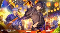  2girls 3boys absurdres ammunition black_hair black_kimono blonde_hair blue_hair candy_apple closed_eyes closed_mouth food genshin_impact gun hair_ornament hat highres holding holding_candy_apple holding_food holding_gun holding_weapon hoyofair japanese_clothes kamisato_ayato kimono long_hair long_sleeves multicolored_kimono multiple_boys multiple_girls nicole_(genshin_impact) official_art orange_eyes orange_kimono second-party_source short_hair_with_long_locks shotgun smile tomanattsu valeriy_(genshin_impact) violet_eyes weapon white_hat yoimiya_(genshin_impact) 