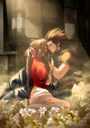  1boy 1girl aerith_gainsborough aquaxtic armor baggy_pants bangle belt belt_buckle bikini blue_pants bracelet braid braided_ponytail brown_gloves buckle closed_eyes commentary couple cross_scar dress earrings english_commentary face-to-face facing_another final_fantasy final_fantasy_vii final_fantasy_vii_remake flower from_side gloves gold_bikini hair_ribbon hand_on_another's_cheek hand_on_another's_face hetero highres indoors jacket jewelry lily_(flower) multiple_belts pants pink_dress pink_ribbon ponytail profile red_jacket ribbed_sweater ribbon scar scar_on_cheek scar_on_face short_sleeves shoulder_armor signature sitting sleeveless sleeveless_turtleneck spiky_hair stud_earrings sweater swimsuit turtleneck turtleneck_sweater white_flower yellow_flower zack_fair 