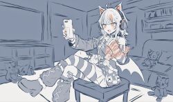  1girl :d ahoge animal_ear_headphones animal_ears arm_belt asymmetrical_legwear asymmetrical_sleeves bandaid bandaid_on_leg bare_shoulders bat_wings belt belt_collar black_choker black_nails black_shoes black_socks black_sweater cat_ear_headphones cat_ears cellphone choker collar commentary_request cross-laced_clothes cross-laced_dress crossed_legs eyeball_hair_ornament fake_animal_ears furrowed_brow headphones highres holding holding_phone ichiya_refi leg_belt long_sleeves loose_socks mahou_shoujo_no_majo_saiban multicolored_hair nail_polish off-shoulder_sweater off_shoulder open_mouth orange_eyes orange_nails orange_streaks pantyhose partially_colored phone sawatari_coco shirt shoes short_hair single_bare_shoulder single_leg_pantyhose sitting skirt skirt_under_dress skull sleeveless sleeveless_shirt slit_pupils smartphone smile socks solo streaked_hair striped_clothes striped_pantyhose striped_sleeves stuffed_animal stuffed_cat stuffed_toy sweater white_shirt white_skirt wings 