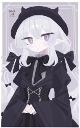  1girl aasan28810 artist_name black_bow black_bowtie black_dress black_hat bow bowtie commentary_request cross-laced_clothes cross-laced_dress crossed_bangs dress gothic_lolita hair_between_eyes hair_bow hat juliet_sleeves lolita_fashion long_hair long_sleeves looking_at_viewer original own_hands_together pointy_ears puffy_sleeves slit_pupils solo violet_eyes white_hair 