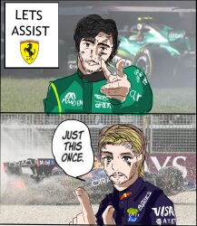 aston_martin black_hair blonde_hair blue_eyes blue_jumpsuit car facial_hair fernando_alonso ferrari formula_one formula_racer green_jumpsuit highres jujutsu_kaisen jumpsuit let's_use_every_last_drop_(meme) max_verstappen meme motor_vehicle parody race_vehicle racecar red_bull user_xtvc7558 visa 