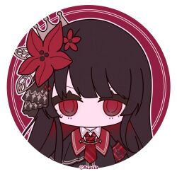  1girl armband artist_request black_capelet black_hair border capelet chibi chibi_only collared_shirt copyright_notice crown flower hair_flower hair_ornament highres long_hair long_sleeves looking_at_viewer mahou_shoujo_no_majo_saiban multicolored_hair necktie nikaido_hiro no_mouth official_art plaid_armband plaid_clothes plaid_necktie pleated_capelet profile_picture red_armband red_eyes red_flower red_necktie round_border shirt side_capelet solo 