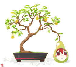  1girl bonsai food fruit highres kasane_teto looking_at_viewer melomdesu pear pearto red_eyes red_hair signature smile solo utau white_background 