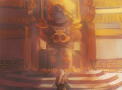 1girl architecture braid commentary_request east_asian_architecture flower from_behind highres holding indoors korean_commentary lloyd_garmadon long_hair misako_(ninjago) mourning ninjago ninjago:_dragons_rising single_braid solo spoilers stairs standing statue stonemoon61 white_hair wide_shot yellow_flower 