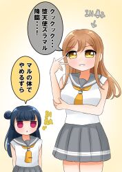  2girls aqours_1st_years blue_hair blush body_switch bow bowtie brown_hair commentary_request grey_sailor_collar grey_skirt hair_bun highres iyokan_azumaru kunikida_hanamaru long_hair looking_at_viewer love_live! love_live!_sunshine!! multiple_girls open_mouth personality_switch sailor_collar school_uniform serafuku shirt single_hair_bun single_side_bun skirt smile summer_uniform translation_request tsushima_yoshiko uranohoshi_school_uniform v v_over_eye yellow_bow yellow_bowtie yellow_eyes zura_(phrase) 
