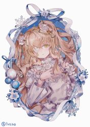 1girl absurdres blonde_hair border chinese_commentary commentary_request doll_joints dress eyepatch flower flower_eyepatch flower_over_eye green_eyes hair_between_eyes hair_flower hair_ornament hand_on_own_chest highres joints kirakishou lolita_fashion long_hair long_sleeves looking_at_viewer mido_(mido_chen) ornate_border ribbon rose rozen_maiden solo two_side_up upper_body white_background white_dress white_flower white_ribbon white_rose 
