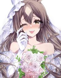  :d ;d absurdres animal_ears bare_shoulders blush bouquet bridal_veil brown_eyes brown_hair collarbone commentary_request crying double-parted_bangs dress elbow_gloves flower gloves hair_between_eyes happy_tears highres horse_ears horse_girl long_hair looking_at_viewer marker_(medium) misteor one_eye_closed open_mouth pink_flower pink_rose rose satono_diamond_(umamusume) simple_background smile strapless strapless_dress tears teeth traditional_media umamusume upper_body upper_teeth_only veil wedding_dress white_background white_dress white_gloves white_veil 