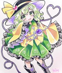  1girl :d black_boots black_hat boots bow buttons collared_shirt commentary_request diamond_button disembodied_linked_eye eyeball floral_print frilled_shirt_collar frilled_skirt frilled_sleeves frills green_eyes green_hair green_skirt hat hat_bow heart heart_of_string knee_boots komeiji_koishi long_sleeves looking_at_viewer miy_001 open_mouth print_skirt rose_print shirt signature skirt sleeves_past_fingers sleeves_past_wrists smile solo touhou wide_sleeves yellow_bow yellow_shirt 