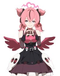  1girl absurdres aria_(human)_(discordant_note)_(zenless_zone_zero) aria_(human)_(zenless_zone_zero) aria_(zenless_zone_zero) black_arm_garter black_bridal_gauntlets black_dress black_streaks blue_eyes bridal_gauntlets cowboy_shot crossed_bangs dress fingerless_gloves gloves hair_between_eyes heart heart_hands highres johan_user_uyrk5542 looking_at_viewer multicolored_hair quad_tails red_wings skull_ornament smile solo streaked_hair white_background wings zenless_zone_zero 