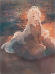  1girl absurdres ahoge arms_between_legs beach bilingual_commentary black_dress black_halo blue_archive collared_dress commentary dress english_commentary halo highres hina_(blue_archive) horns hyperlin3x light_smile long_dress long_hair looking_at_viewer mixed-language_commentary multiple_horns on_ground parted_bangs sand sitting solo very_long_hair violet_eyes water white_hair 