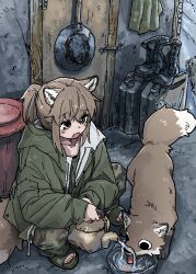  1girl absurdres animal animal_ears boots bowl brown_eyes brown_hair camouflage camouflage_pants fang fox fox_ears fox_girl fox_girl_(yihan_world) fox_tail gas_can green_jacket highres jacket kettle open_clothes open_jacket open_mouth original pants ponytail pouring sandals tail unworn_boots water yihan_world 