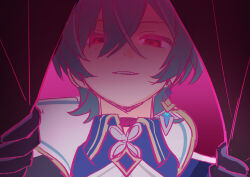  1boy absurdres aqua_hair armor black_choker black_jacket blue_shirt choker collared_shirt crossed_bangs curtains earrings empty_eyes genshin_impact gloves glowing glowing_eyes hair_between_eyes hands_up highres jacket jewelry lapels lohen_(genshin_impact) looking_at_viewer male_focus n12_21o open_clothes open_jacket pink_background red_eyes shirt short_hair shoulder_armor simple_background single_earring smile solo teeth two-sided_fabric two-sided_jacket upper_body white_jacket 