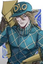  1boy argyle_clothes blonde_hair blue_bow blue_eyes blue_sweater bow closed_mouth diego_brando hat highres jojo_no_kimyou_na_bouken looking_at_viewer male_focus medium_hair odoruzatta simple_background solo solo_focus stand_(jojo) steel_ball_run sweater the_world_(stand) turtleneck turtleneck_sweater 