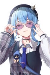  1girl absurdres adjusting_eyewear asymmetrical_sidelocks beret black_hat blue_choker blue_eyes blue_hair blue_nails blue_necktie blush choker commentary_request crown earrings glasses half-jacket hat highres hololive hoshimachi_suisei hoshimachi_suisei_(14th_costume) jacket jewelry kinuta_racoon looking_at_viewer mini_crown necktie pendant_choker plaid_clothes plaid_jacket ribbon shirt short_hair sidelocks simple_background smile solo star_(symbol) star_choker star_in_eye star_pendant symbol_in_eye virtual_youtuber white_background white_shirt 