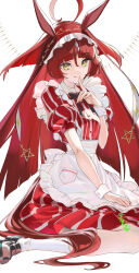  1girl ahoge animal_ears apron black_shoes blunt_bangs blunt_ends blunt_sidelocks breasts closed_mouth dress employee_uniform fast_food_uniform finger_to_mouth frilled_hairband frills hair_between_eyes hairband highres horse_ears horse_girl horse_tail kfc long_hair looking_at_viewer official_alternate_costume red_desire_(umamusume) red_dress red_hair red_hairband red_headdress red_veil shoes sidelocks sitting small_breasts smile socks solo striped_clothes striped_dress tail umamusume veil vertical-striped_clothes vertical-striped_dress wariza white_apron white_socks white_wrist_cuffs wrist_cuffs yellow_eyes youmou_usagi 