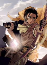  1boy absurdres arrow_(projectile) ascot bow_(weapon) cape claude_von_riegan claude_von_riegan_(timeskip) closed_mouth commentary_request earrings failnaught_(fire_emblem) fire_emblem fire_emblem:_three_houses highres holding holding_arrow holding_bow_(weapon) holding_weapon jewelry looking_to_the_side male_focus piko_(picpicppun) quiver weapon white_ascot yellow_cape 