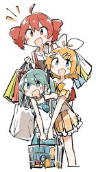   ! :d aqua_hair blonde_hair happy hatsune_miku kagamine_rin kasane_teto long_hair red_hair shopping_bag short_hair utau vocaloid white_background white_shirt yellow_skirt