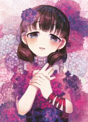  1girl absurdres arm_ribbon blue_eyes brown_hair commentary_request dress flower flower_dress highres idolmaster idolmaster_cinderella_girls light_smile long_hair looking_at_viewer open_mouth ribbon sakuma_mayu sasasasa short_hair smile solo upper_body 
