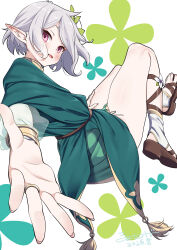  1girl absurdres blush commentary_request dress elf gladiator_sandals green_dress grey_hair highres jewelry kokkoro_(princess_connect!) looking_at_viewer pink_eyes pointy_ears princess_connect! reaching reaching_towards_viewer ring sandals short_hair smile solo thighs umyonge_(lkakeu) 