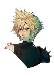  1boy aquaxtic armor blonde_hair blue_eyes blush closed_mouth cloud_strife cropped_torso earrings final_fantasy final_fantasy_vii final_fantasy_vii_rebirth final_fantasy_vii_remake hair_between_eyes highres jewelry looking_to_the_side male_focus short_hair shoulder_armor signature sleeveless sleeveless_turtleneck solo spiky_hair stud_earrings suspenders sweater turtleneck turtleneck_sweater upper_body white_background 
