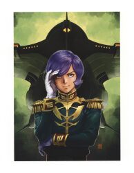  1980s_(style) 1boy aircraft artist_name border brown_eyes closed_mouth elbow_rest epaulettes garma_zabi gaw_(gundam) gloves green_jacket gundam hand_in_own_hair hand_up highres jacket kotobuki_tsukasa looking_at_viewer male_focus military_uniform military_vehicle mobile_suit_gundam official_art painting_(medium) purple_hair retro_artstyle scan short_hair sleeve_cuffs smile solo third-party_source traditional_media upper_body white_border white_gloves yasuhiko_yoshikazu_(style) zeon 