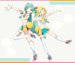  2girls ahoge alternate_costume alternate_hairstyle aqua_eyes aqua_hair aqua_necktie asymmetrical_legwear blonde_hair breasts cheerleader commentary_request fang frilled_skirt frilled_wristband frills full_body hair_ornament hairclip hatsune_miku high_heels highres holding holding_microphone kagamine_rin kneehighs long_hair looking_at_another matching_outfits microphone midriff miniskirt multicolored_skirt multiple_girls navel necktie number_tattoo open_mouth outstretched_arm parallel_hairclips pom_pom_(cheerleading) ponytail shirt short_hair short_necktie short_ponytail singing single_thighhigh skirt sleeveless sleeveless_shirt small_breasts socks standing standing_on_one_leg suica_(agonasubi) tattoo thigh-highs twintails two-tone_shirt uneven_legwear vocaloid white_thighhighs yellow_shirt 