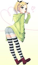  1girl ass blonde_hair candy hood hooded_jacket hoodie jacket lollipop shigi_(shigi_4) shirobako short_hair short_twintails shorts striped striped_legwear thigh-highs twintails yano_erika 