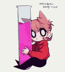  1boy :o androgynous animification antenna_hair black_pants black_shoes blush brown_hair chibi chibi_only commentary_request drawstring eddsworld flipped_hair full_body hair_behind_ear hair_ears highres holding holding_test_tube hood hood_down hoodie kil_(vs_kil) long_sleeves looking_at_viewer male_focus mini_person miniboy pants red_hoodie shoes short_hair simple_background sitting solo test_tube tord_(eddsworld) translation_request white_background white_eyes wide-eyed 