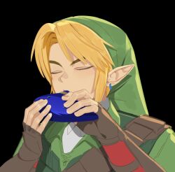  1boy arms_up black_background blonde_hair brown_gloves closed_eyes collared_tunic commentary curtained_hair ddb_000 earrings fingerless_gloves gloves green_hat green_tunic hat highres holding holding_instrument holding_ocarina instrument jewelry link male_focus ocarina piercing playing_instrument pointy_ears shirt solo the_legend_of_zelda the_legend_of_zelda:_ocarina_of_time tunic upper_body white_shirt 