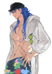  1boy absurdres blue_hair cu_chulainn_(caster)_(fate) cu_chulainn_(fate) earrings fate/grand_order fate_(series) half_updo hand_on_own_hip hat highres hood hooded_jacket jacket jewelry long_hair male_focus male_swimwear navel open_clothes open_jacket pectorals red_eyes ring simple_background smile solo swim_trunks toned toned_male twiii_ye unworn_eyewear upper_body white_background 