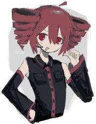  1girl ahoge black_shirt black_sleeves blush_stickers collared_shirt cropped_torso detached_ahoge detached_sleeves drill_hair hair_between_eyes hand_on_own_hip kasane_teto looking_at_viewer open_mouth pointing pointing_at_self pointing_with_thumb red_eyes red_hair shirt simple_background single_blush_sticker sleeveless sleeveless_shirt solo toochi_(tochiko0214) twin_drills upper_body utau 