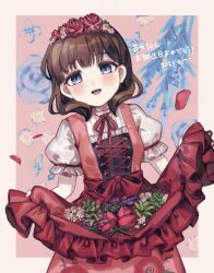  1girl absurdres blue_eyes blush brown_hair commentary_request dress flower flower_wreath head_wreath highres idolmaster idolmaster_cinderella_girls looking_at_viewer open_mouth petals sakuma_mayu sasasasa short_hair skirt_basket smile solo 