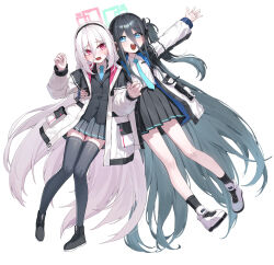  2girls absurdly_long_hair absurdres aqua_halo aris_(blue_archive) black_hairband blue_archive blue_necktie commentary_request double-parted_bangs full_body hair_between_eyes hairband half_updo halo highres jacket kei_(blue_archive) kei_(student)_(blue_archive) kokukyukeo long_hair long_hair_between_eyes loosely_tucked_bangs multicolored_jacket multiple_girls necktie one_side_up pink_eyes pink_halo rectangular_halo ringed_eyes siblings sisters twins two-tone_jacket very_long_hair white_background white_hair white_jacket 