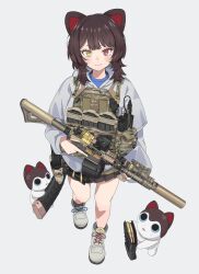  1girl :3 absurdres angled_foregrip animal_ears assault_rifle banken_(inui_toko) blue_shirt blunt_bangs brown_hair brown_skirt chest_rig closed_mouth commentary_request dog_ears double-parted_bangs drum_magazine foregrip from_above full_body grey_hoodie gun h&amp;k_hk416 heckler_&amp;_koch heterochromia highres holding holding_gun holding_magazine_(weapon) holding_weapon hood hood_down hoodie inui_toko inui_toko_(hoodie) long_sleeves looking_at_viewer magazine_(weapon) magpul mismatched_shoelaces nijisanji official_alternate_costume official_alternate_hairstyle optical_sight pleated_skirt red_eyes rifle second-party_source shirt shoes skirt smile sneakers solo soutou_nagi suppressor tourniquet trigger_discipline v-shaped_eyebrows virtual_youtuber walkie-talkie weapon wolf_cut yellow_eyes 