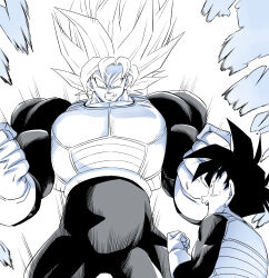  amayuki318 anger_vein angry aura black_hair blue_background bodysuit broad_shoulders clenched_hands clenched_teeth commentary_request dragon_ball dragon_ball_z feet_out_of_frame gloves happy highres long_hair monochrome muscle_growth muscular muscular_male open_mouth pectorals saiyan_armor size_difference son_gohan son_goku spiky_hair talking teeth thick_eyebrows thick_neck upper_body veiny_face white_gloves 